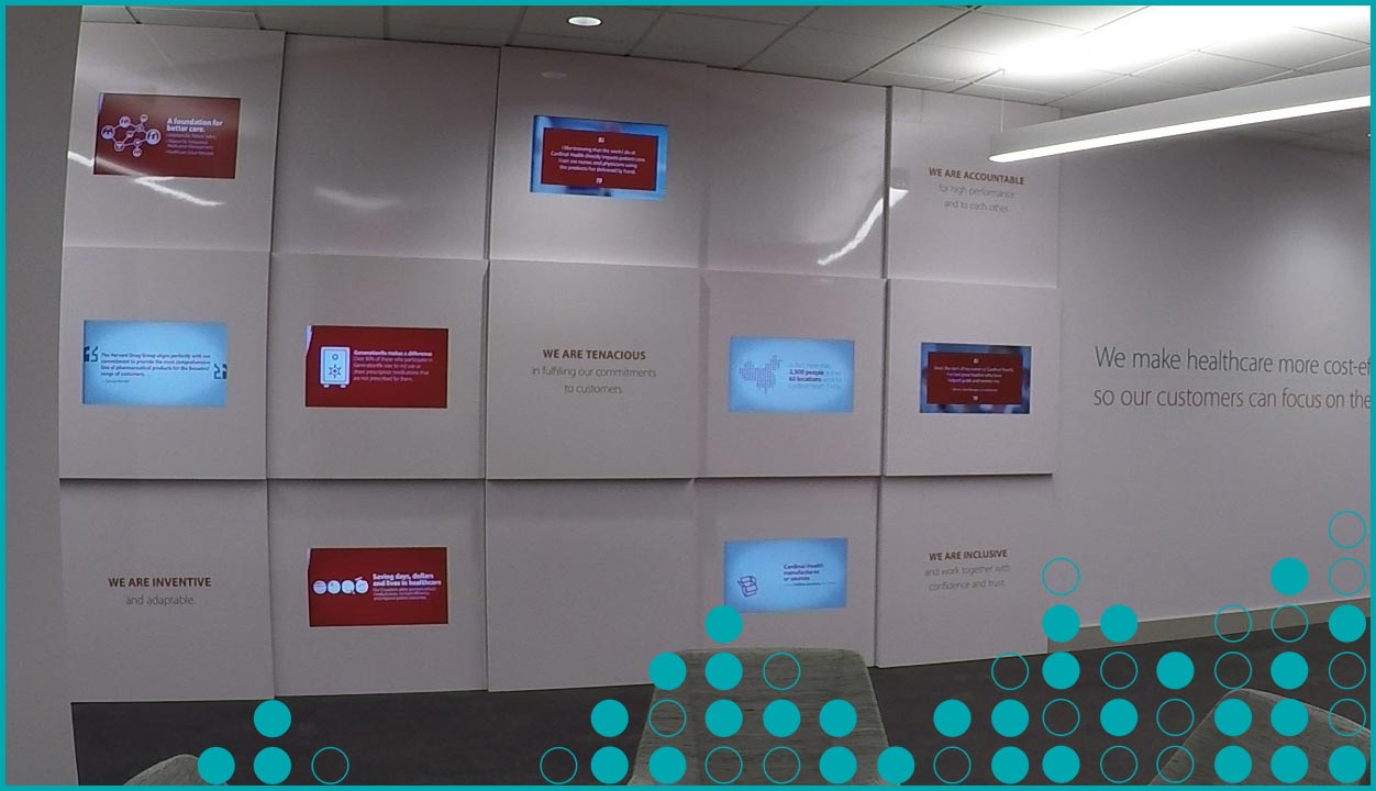 corporate communications digital screens in lobby