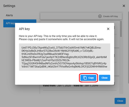 Example of API Key "copy" dialog box in Omnivex Ink