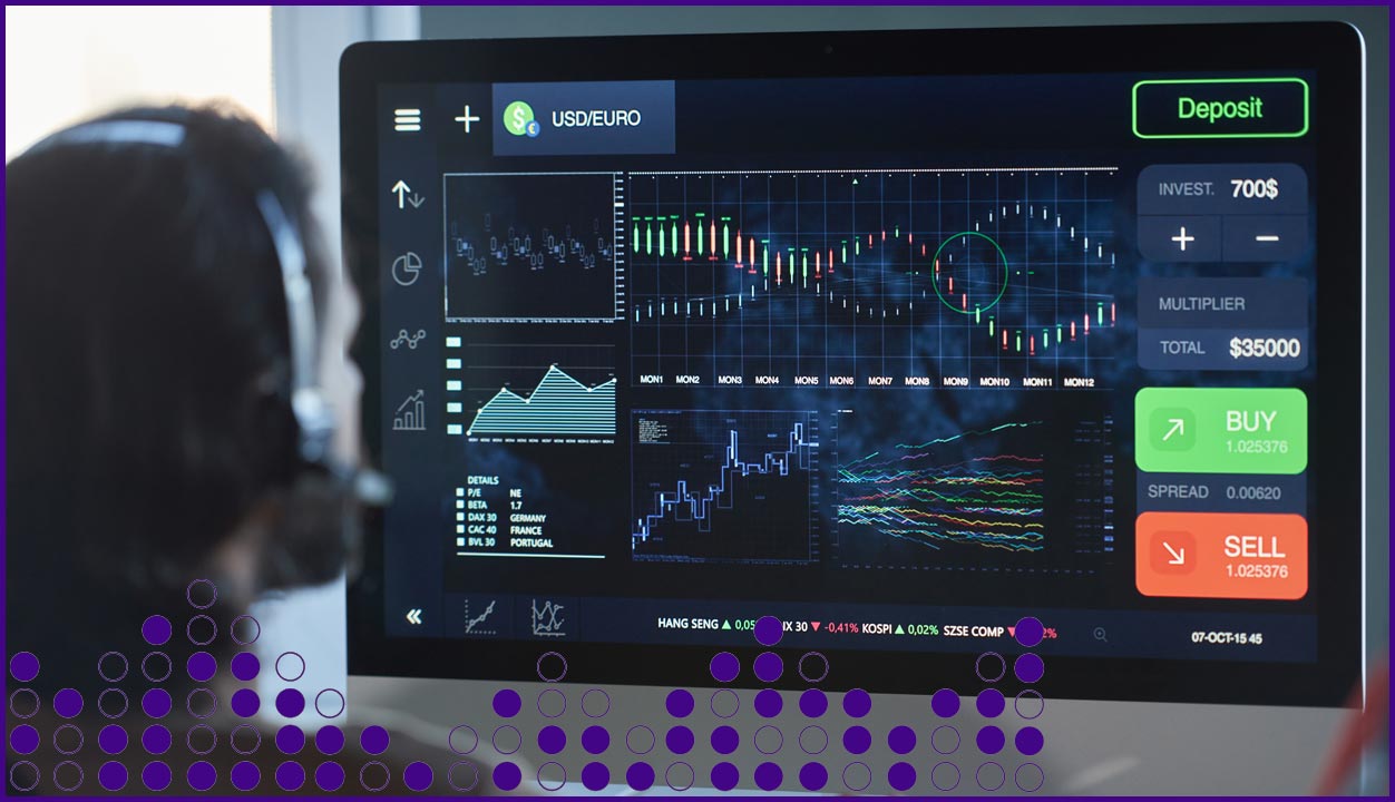 woman on phone stock market screens
