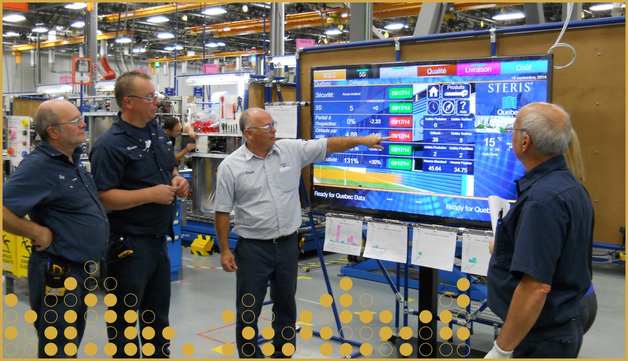 workers looking at digital screen