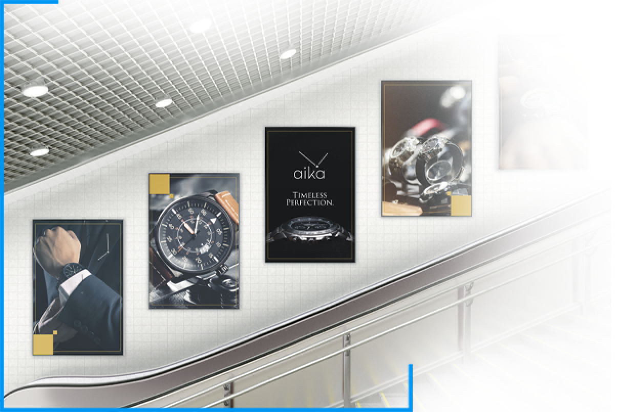 digital screens and escalator