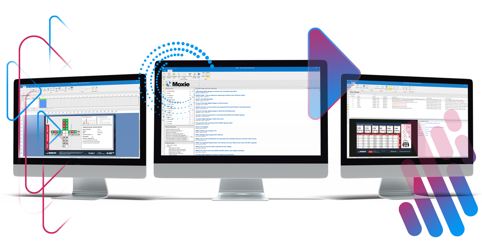 Three computer monitors showing Omivex product screens