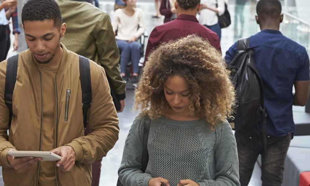 students in university building